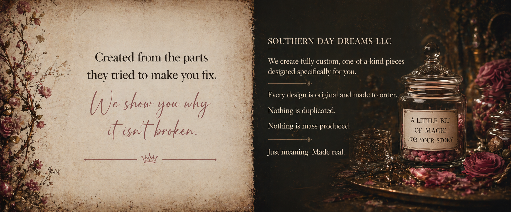 Created from the parts they tried to make you fix. We show you why it isn't broken. Southern Day Dreams LLC creates fully custom, one-of-a-kind pieces designed specifically for you.