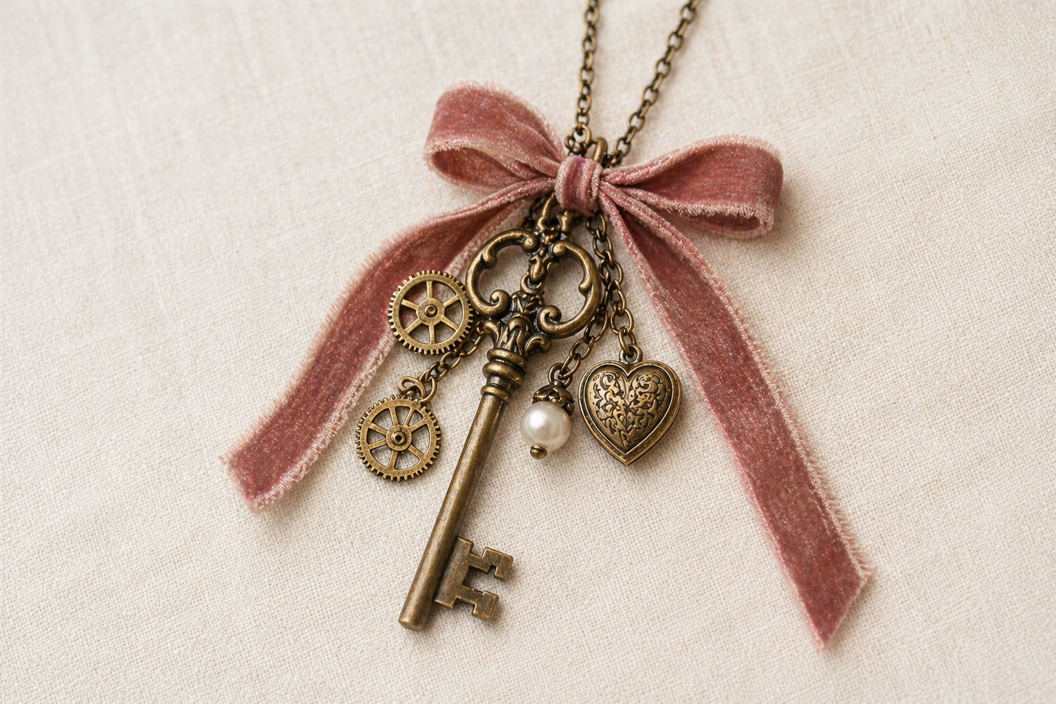 Antique key necklace with gears, heart charm, pearls, ribbon, lace, and dried flowers.