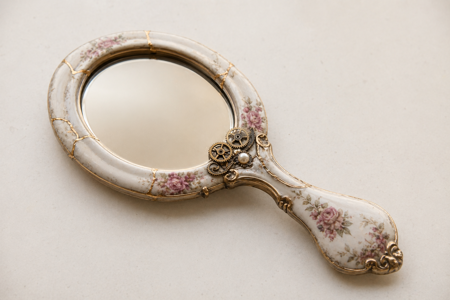 Cracked porcelain hand mirror repaired with brass gears, gold seams, pearls, and flowers.