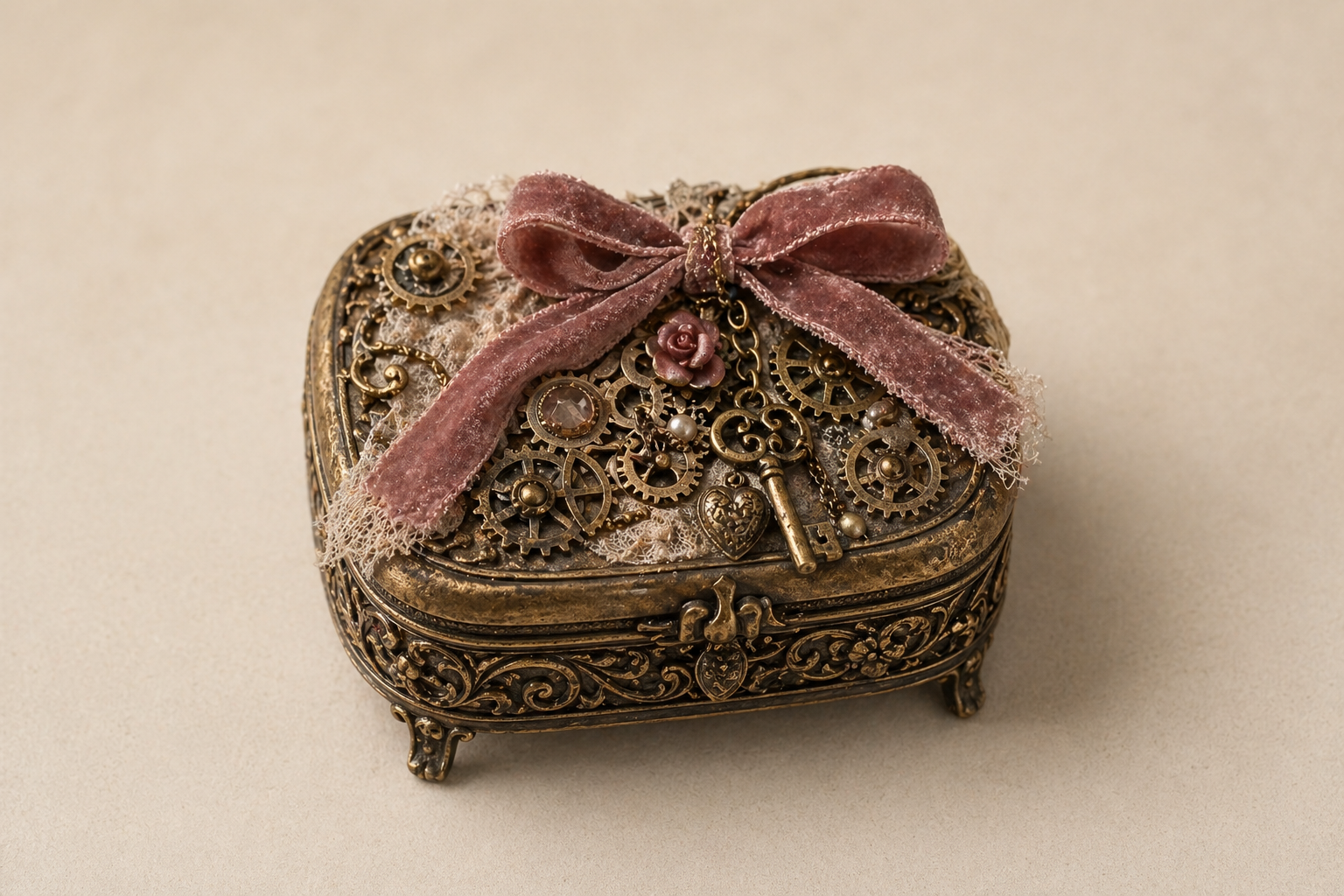 Ornate music box made from reclaimed cogs, clock parts, lace, and roses.