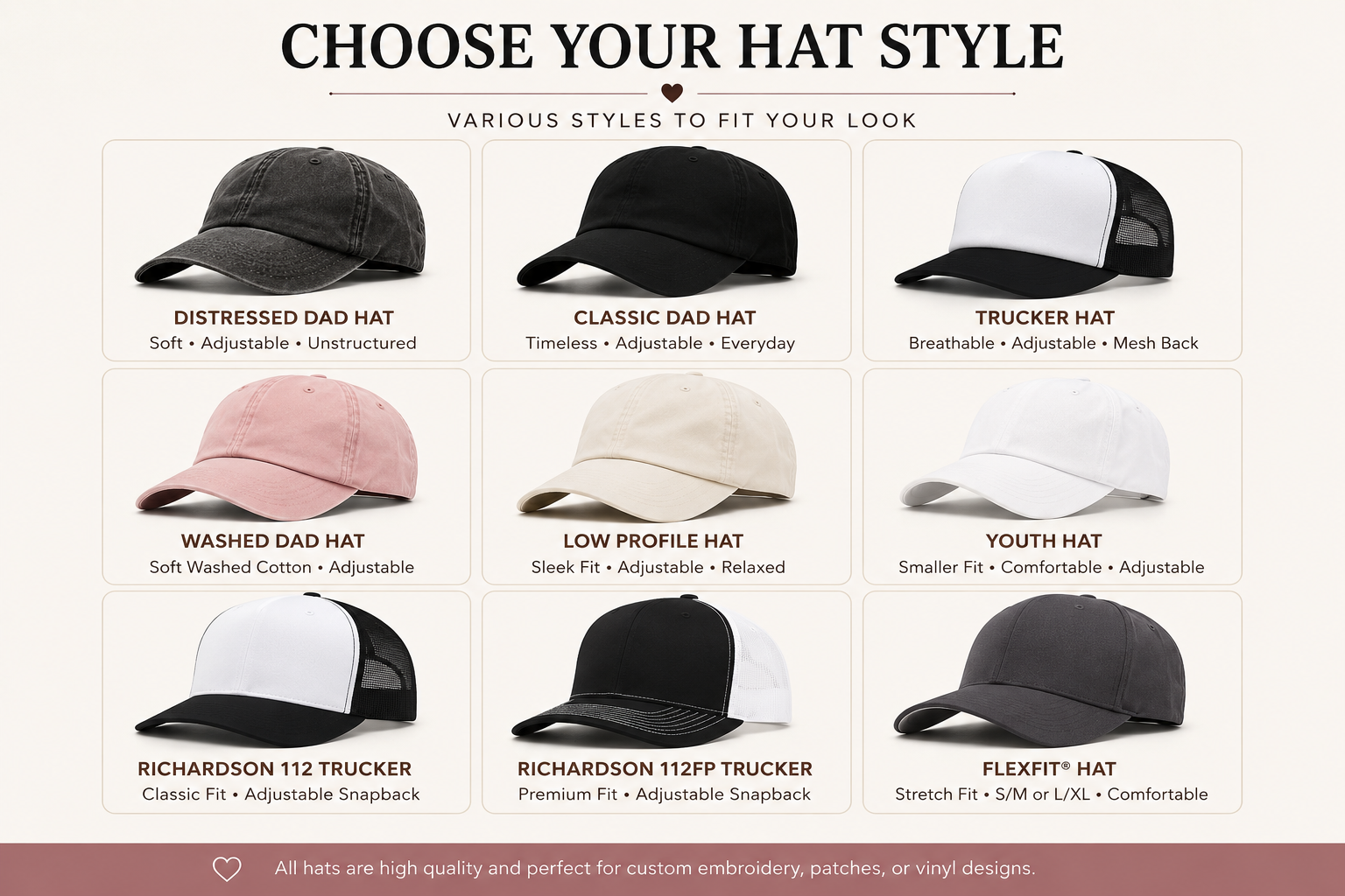 Hat style guide showing various customizable hat styles
