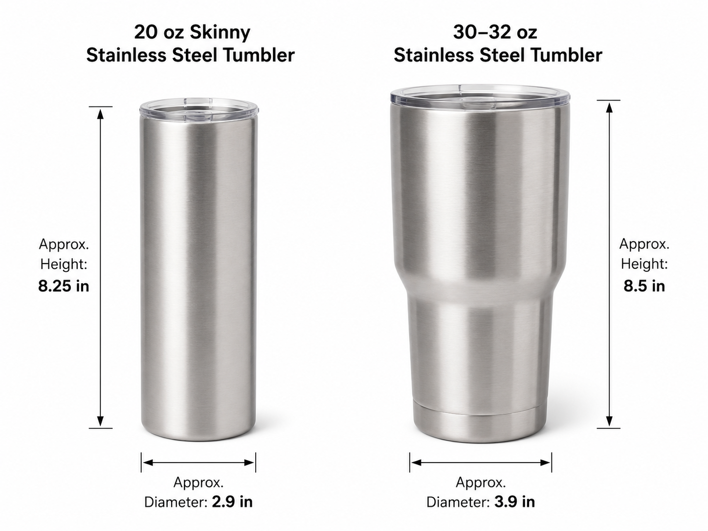 Tumbler size comparison showing 20 oz skinny stainless steel tumbler and 30-32 oz stainless steel tumbler with dimensions
